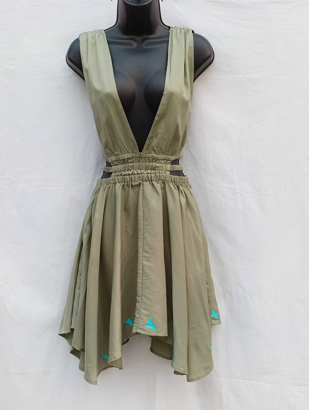 Olive Green Asymmetrical V-Neck Skater Dress